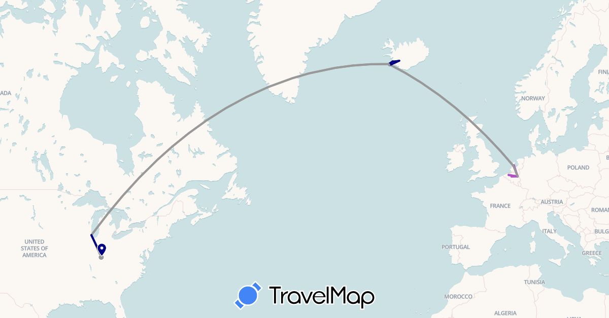 TravelMap itinerary: driving, plane, train in Belgium, Iceland, Netherlands, United States (Europe, North America)